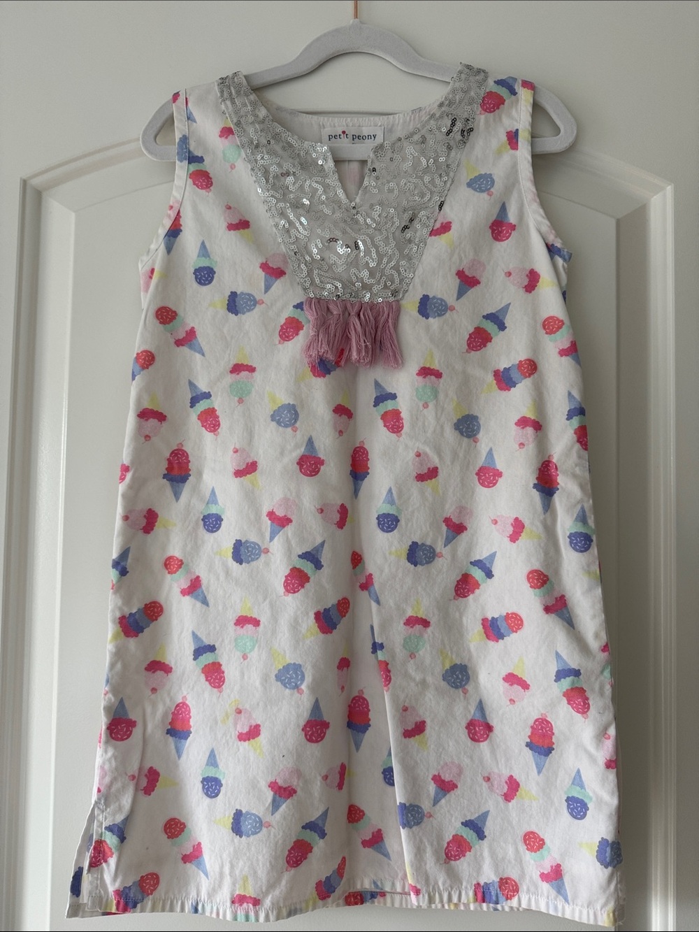 Girls' White Ice Cream Print Casual Dress with Silver Sequin Neckline